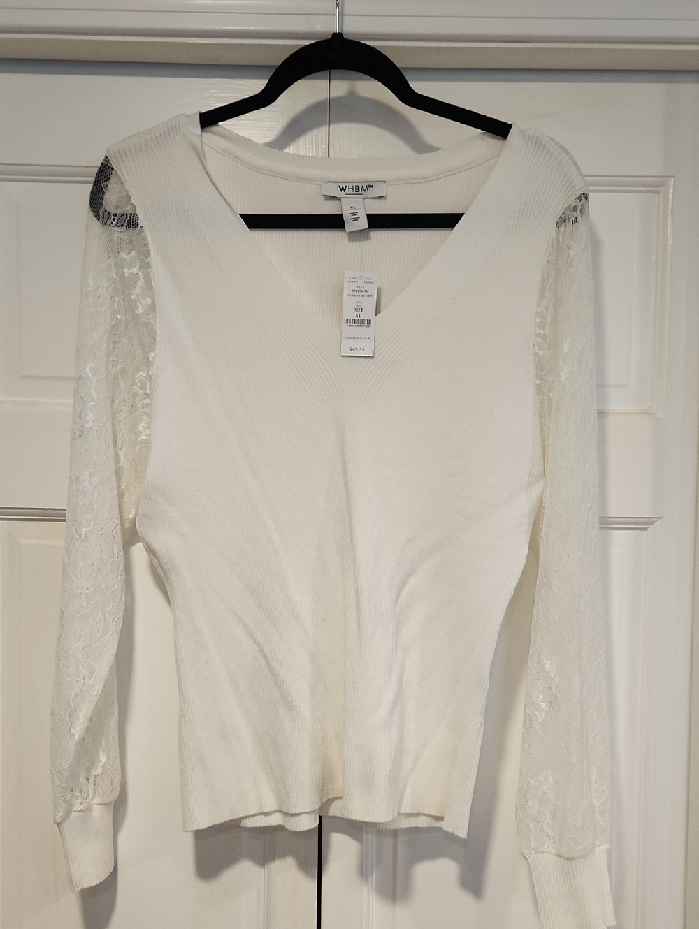 NWT - White House Black Market V-Neck Ribbed Sweater with Lace Sleeves